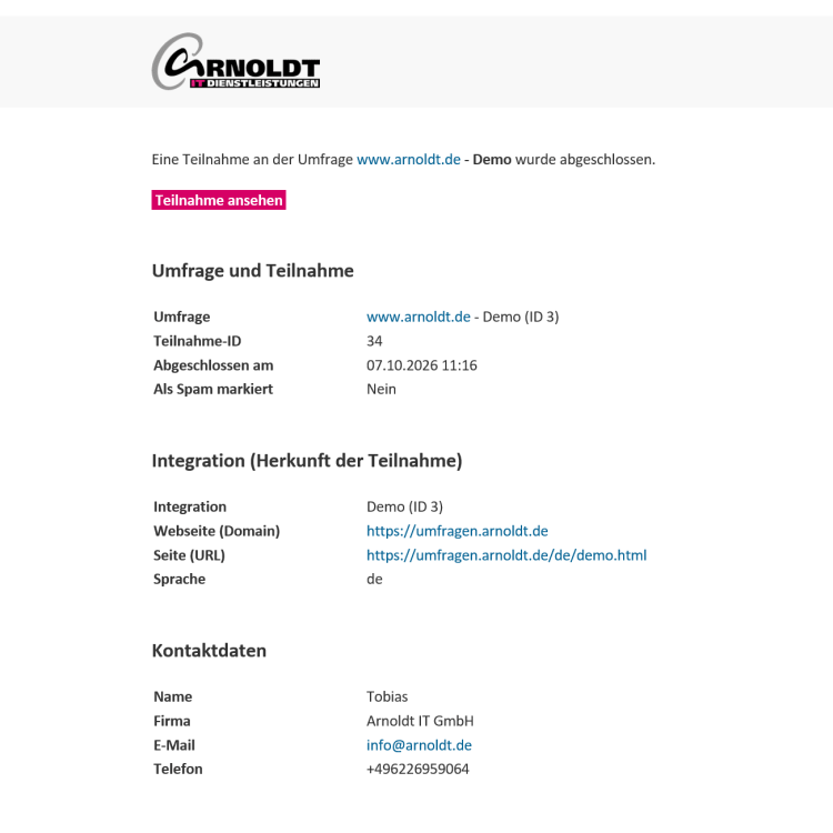 E-Mail, die nach dem Absenden der Demo-Umfrage an uns verschickt wird